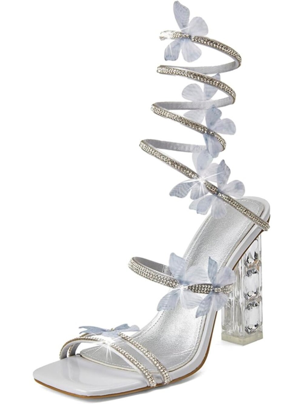 🆕Women's Silver Heels Square Toe Rhinestone Butterfly Prom Dressy Sandals